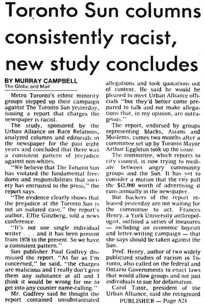 gm 1985-12-13 Toronto Sun columns consistently racist, new study concludes 1